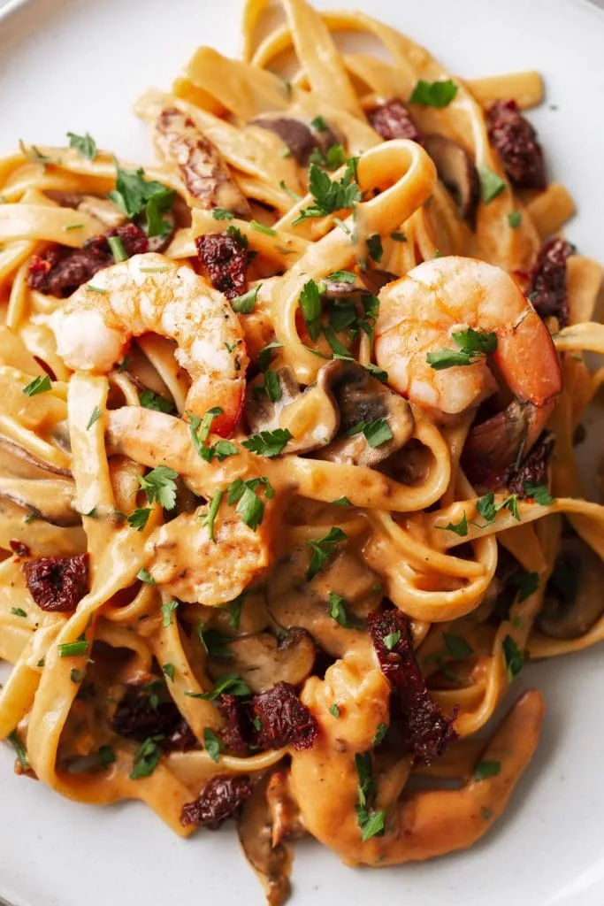 Fettuccine with Shrimp and Sun-dried Tomato Cream Sauce closeup