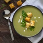 French sorrrel soup with garlic parmesan croutons.