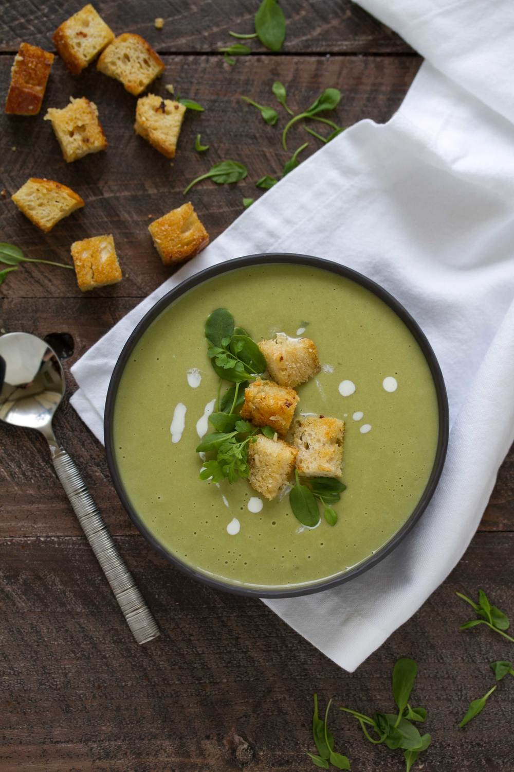 french sorrel soup with garlic parmesan croutons spread
