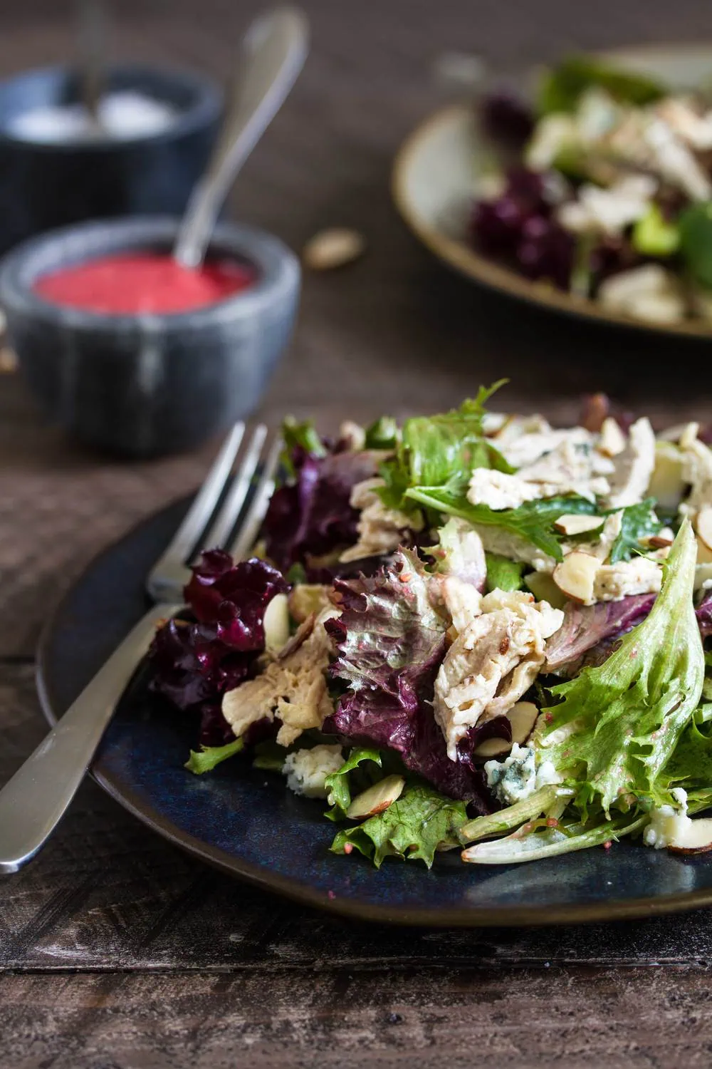 chicken salad with sliced almonds and raspberry vinaigrette