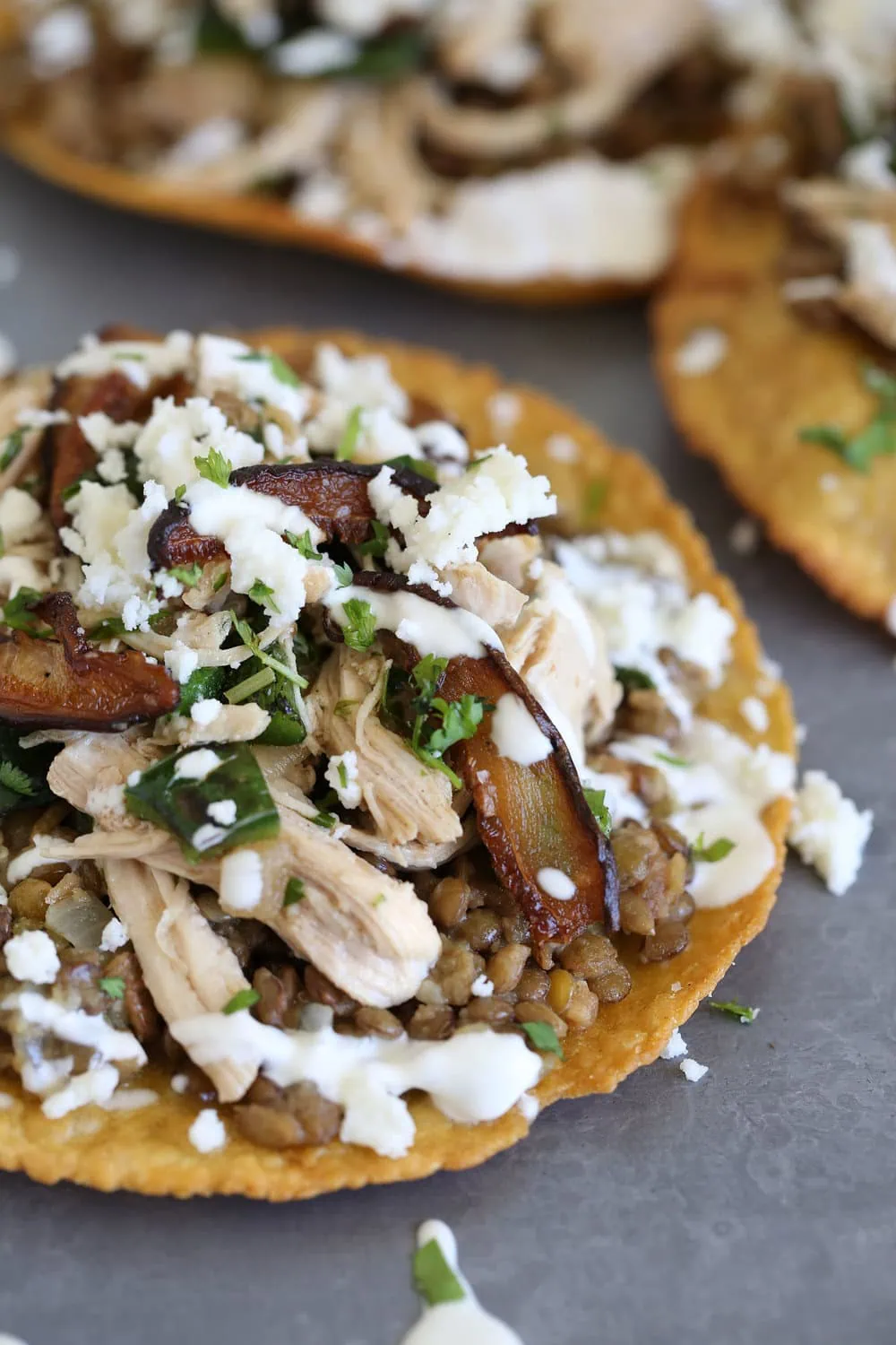 braised chicken tostada with refried lentil recipe
