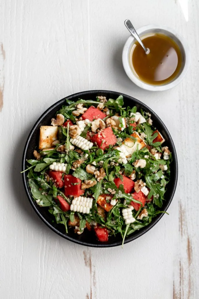 Watermelon Salad with Grains and Grilled Halloumi Cheese
