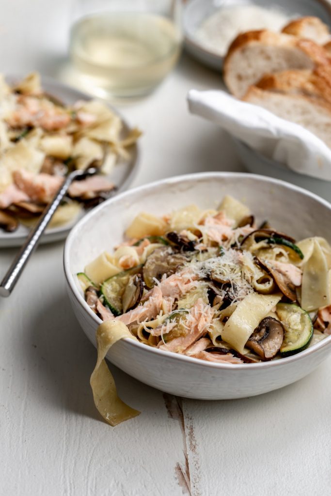 20-Minute Salmon & Zucchini Pasta recipe in white ceramic bowl