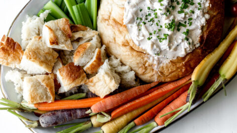 chilled easy crab dip recipe served in a bread bowl.