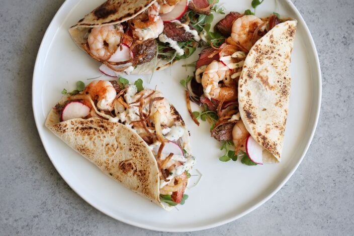 surf and turf tacos with chimmichurri aioli.