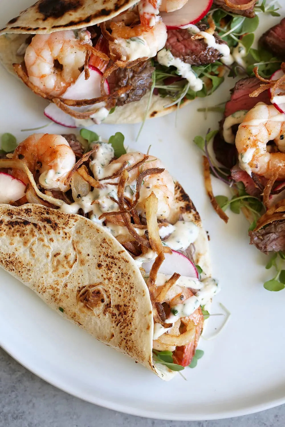 surf and turf tacos with shallots