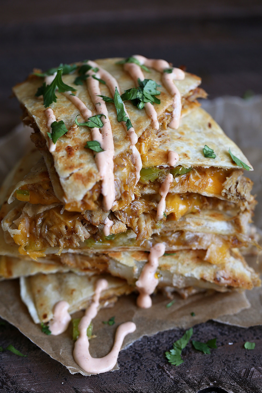 pulled pork quesadilla with hatch peppers and chipotle mayonnaise
