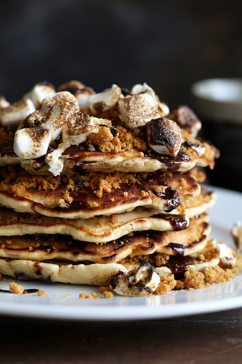 smores pancakes with marshmallows and chocolate syrup
