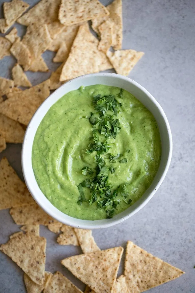 tomatillo avocado salsa with tortilla chips
