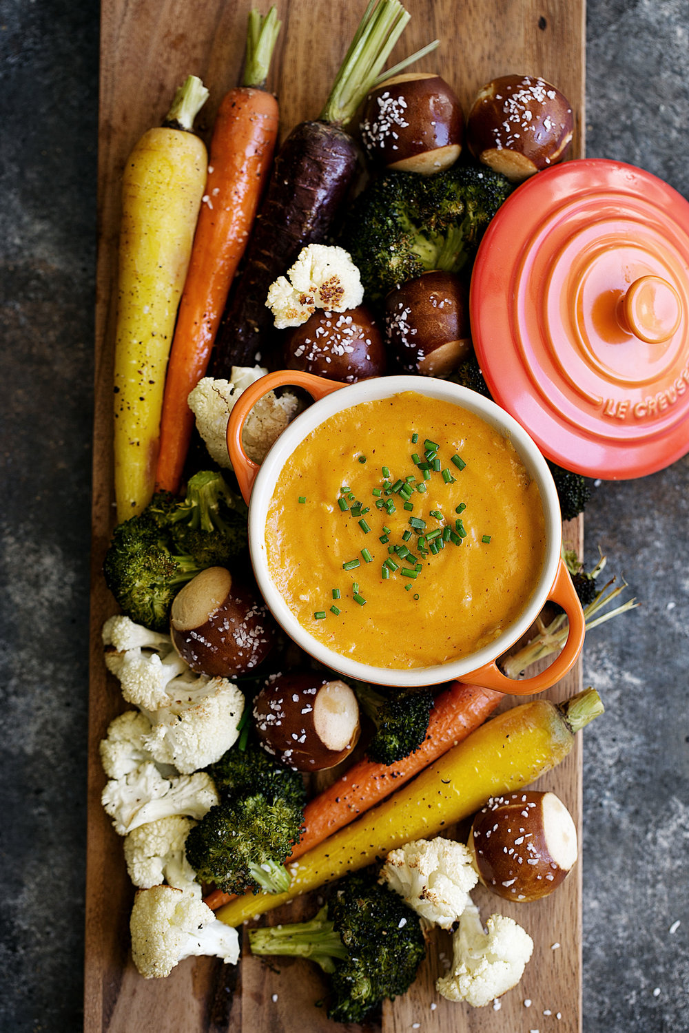 aged cheddar fondue with roasted vegetables