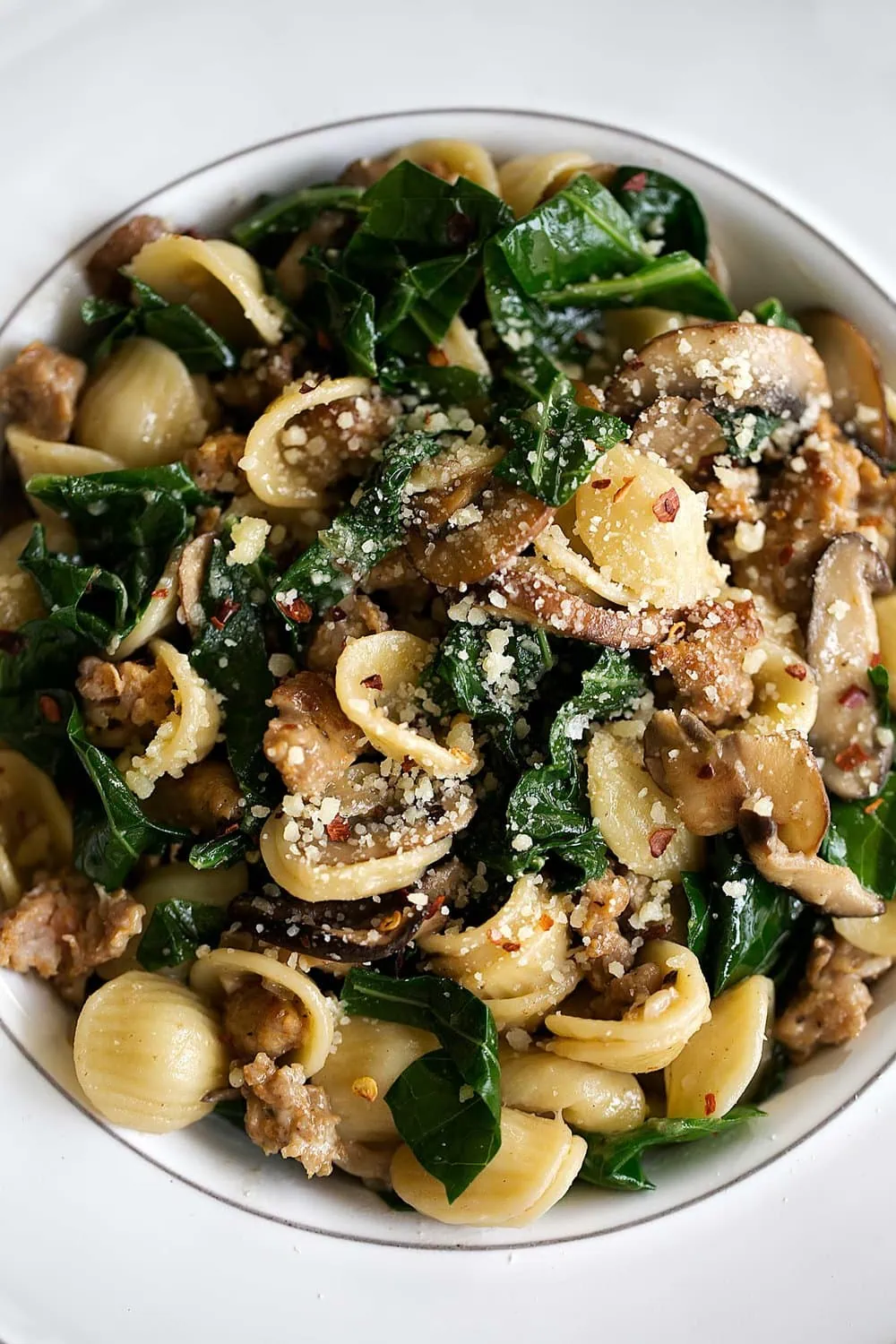 Orecchiette with Collard Greens, Sausage & Mixed Mushrooms topped with parmesan cheese and red pepper flakes