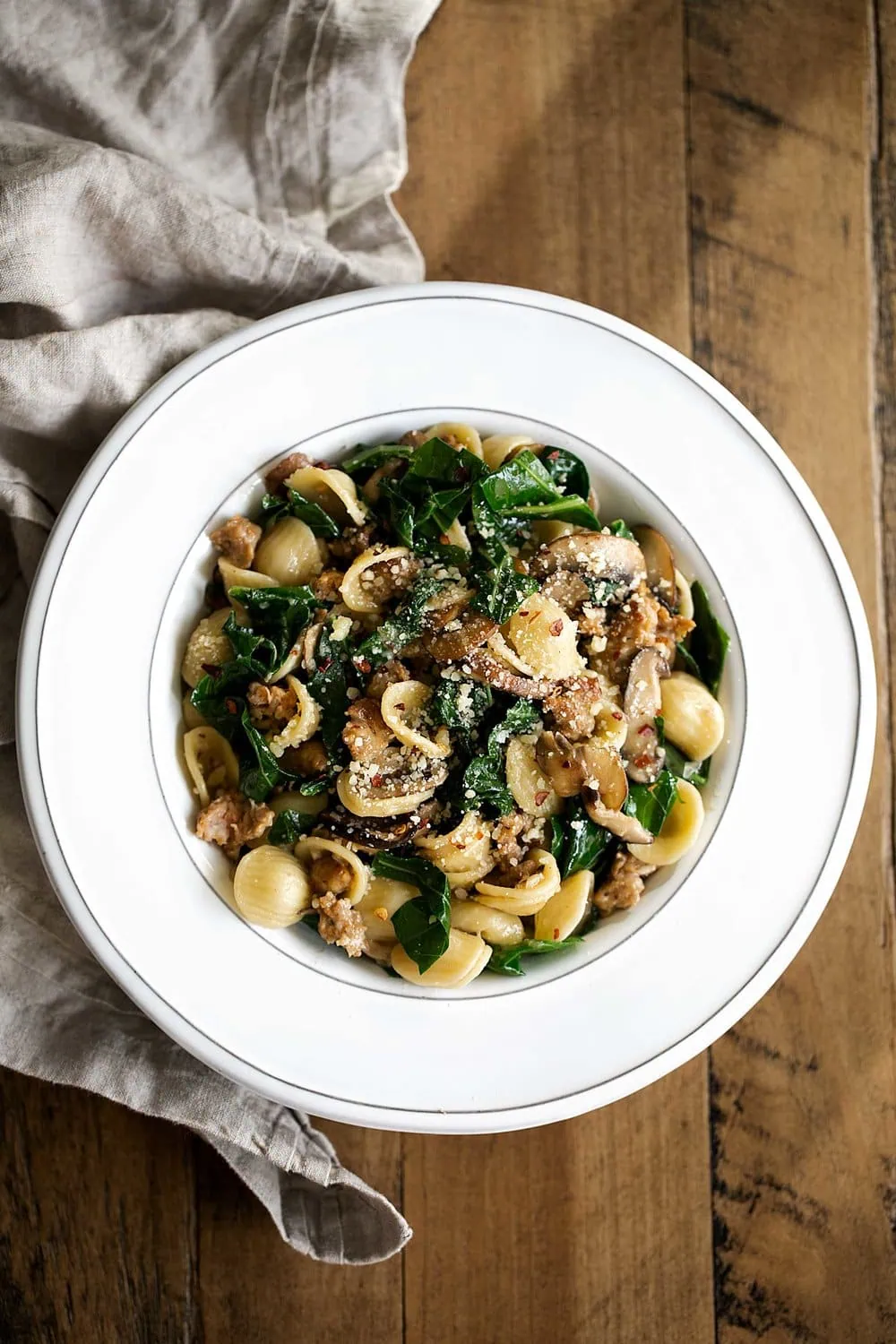 Orecchiette with sausage Collard Greens and Mixed Mushrooms