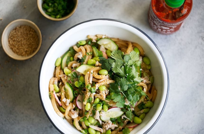 Cold sesame udon noodles with crab.