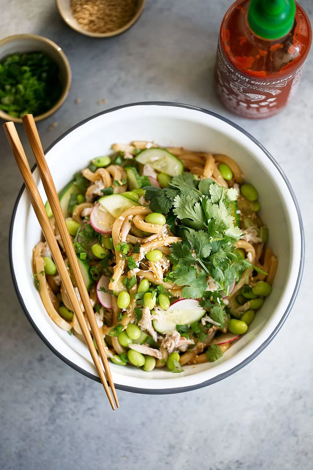cold sesame asian udon noodles with crab edamame and cilantro