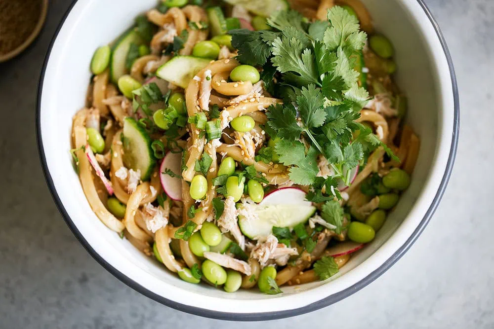 closeup cold sesame udon noodles with crab meat