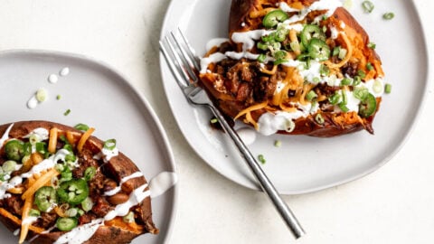Chili loaded baked sweet potatoes.
