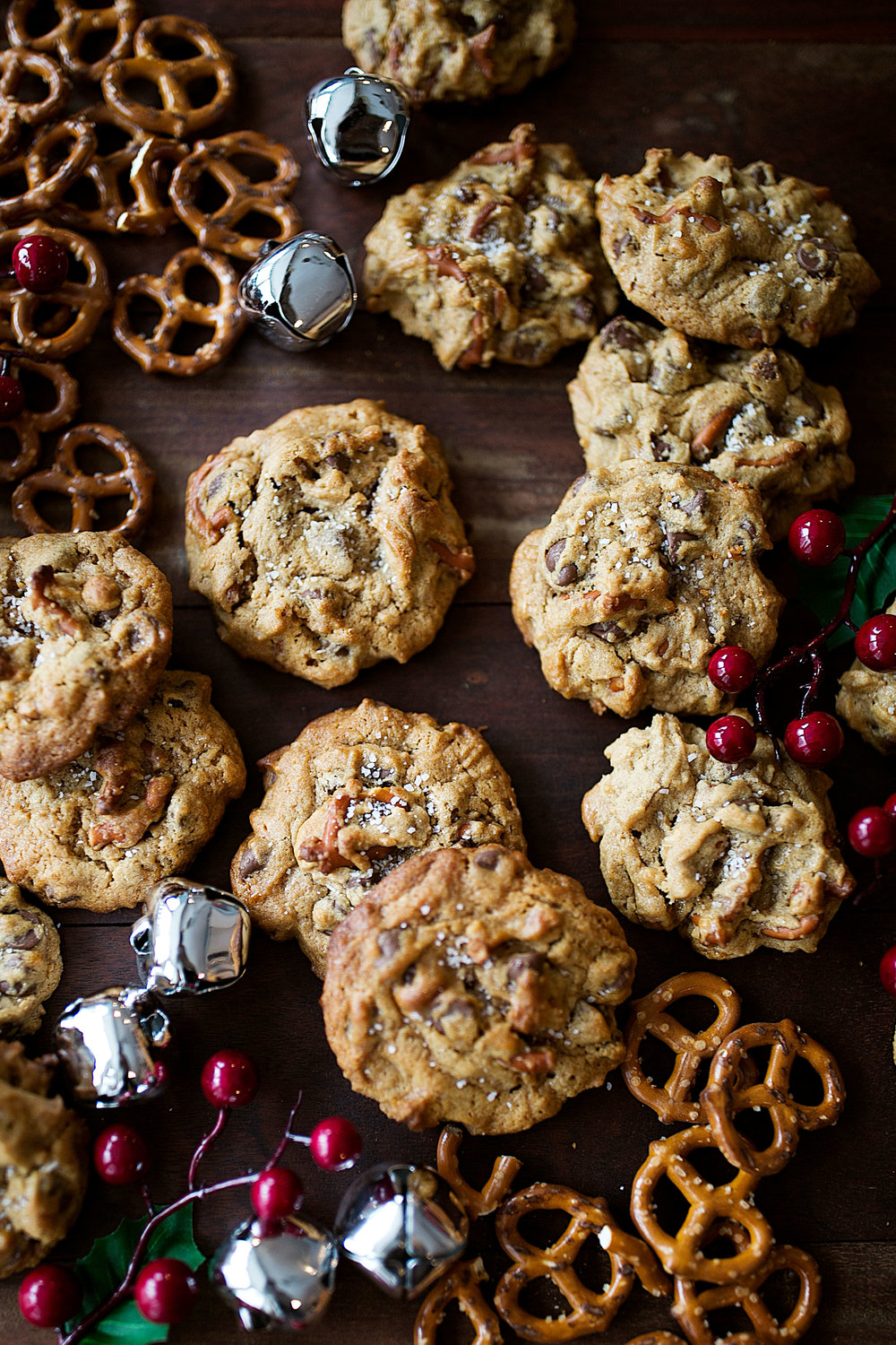 chocolate caramel peanut butter pretzel cookies holiday cookies