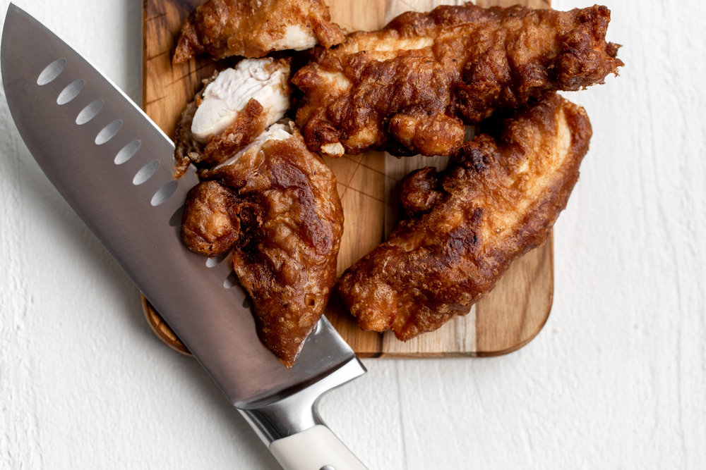 beer-battered fried chicken chopped for buffalo chicken salad