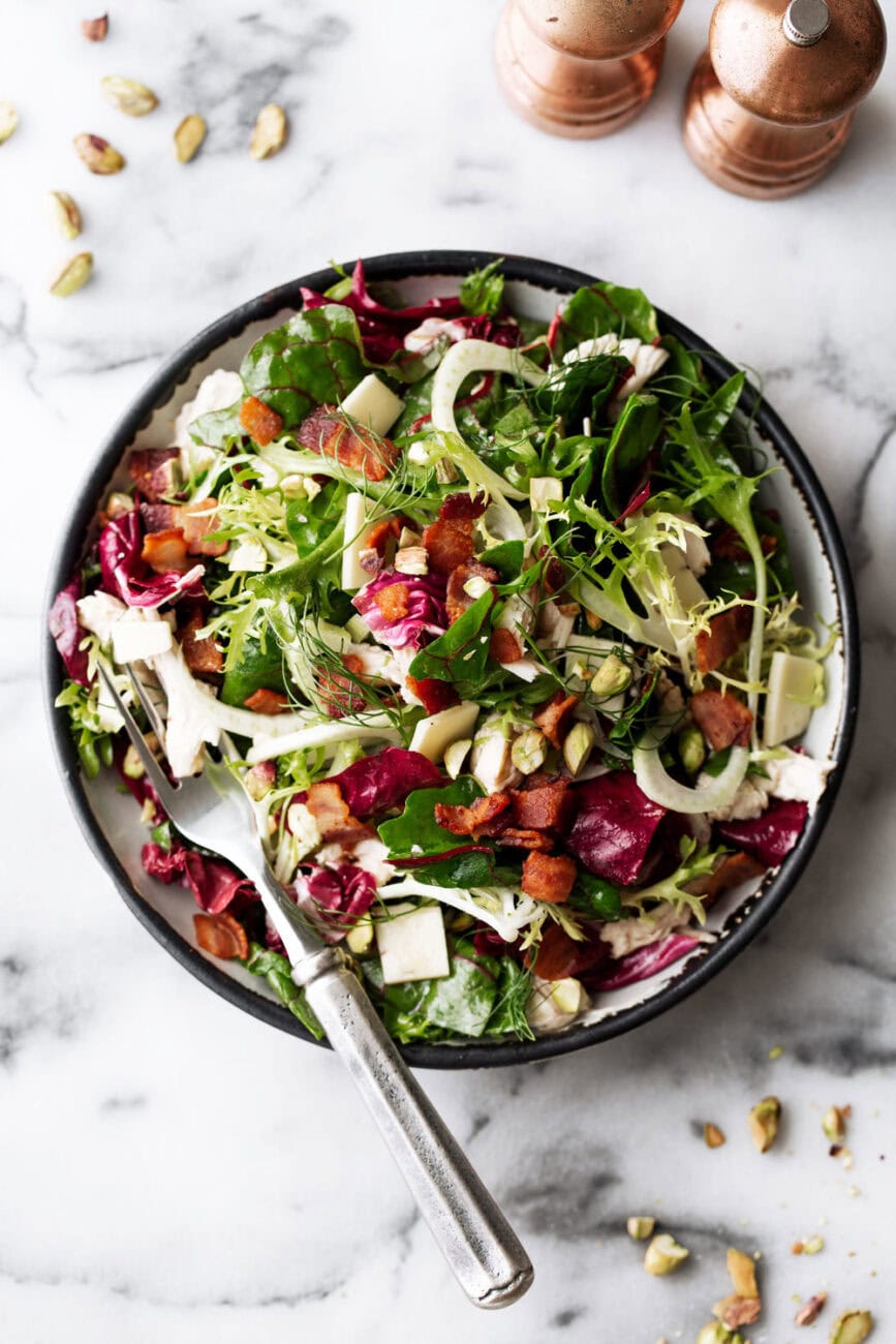Mesclun Greens & Poached Chicken Salad with Red Wine Vinaigrette and bacon with truffle cheese.