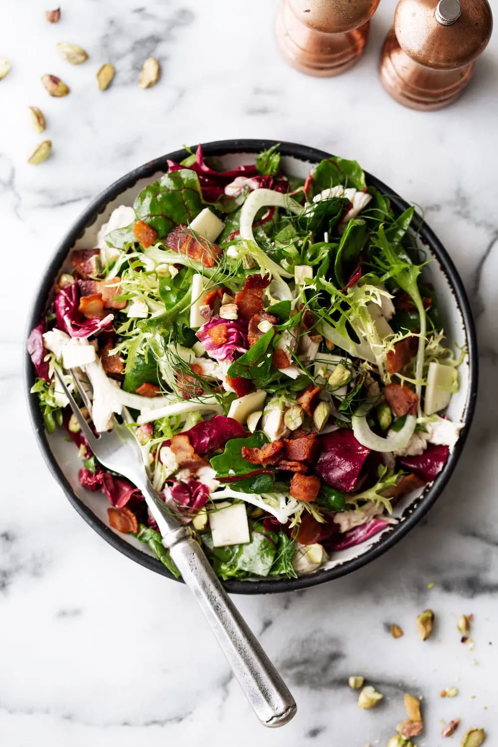 Mesclun Greens & Poached Chicken Salad with Red Wine Vinaigrette and bacon with truffle cheese