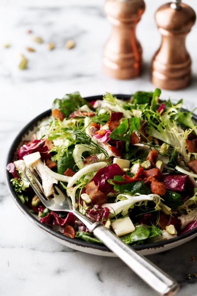 Mesclun Greens & Poached Chicken Salad with Red Wine Vinaigrette winter seasonal cooking