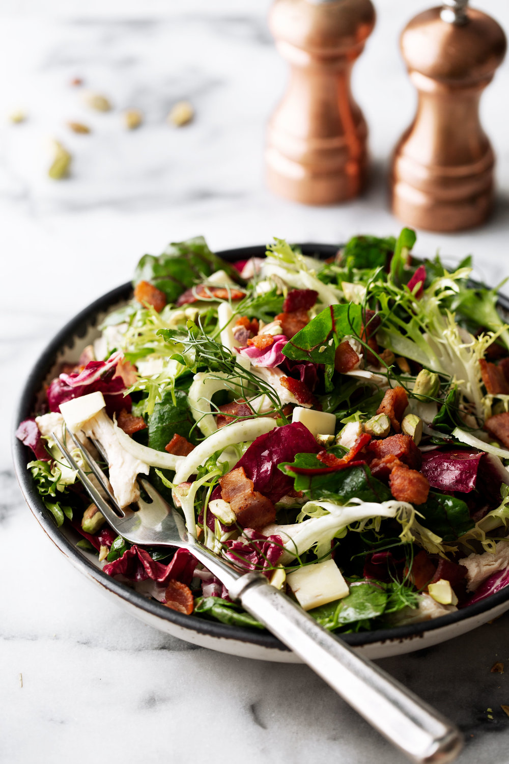 Mesclun Greens & Poached Chicken Salad with fennel and bacon