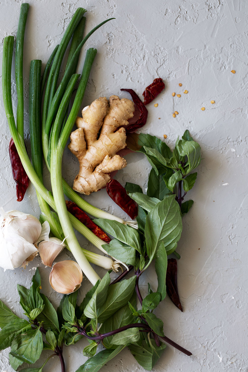 green onion with ginger red peppers and basil