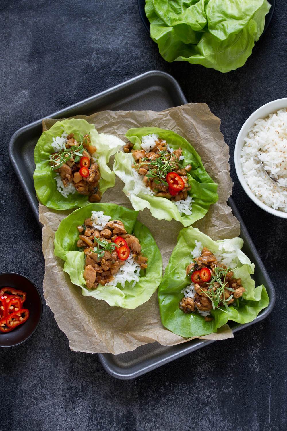 Asian-Inspired Chicken Lettuce Wraps with rice