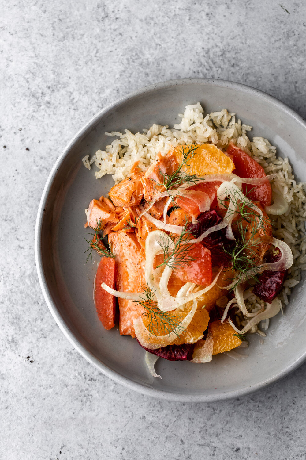 Roasted Salmon with Winter Citrus Salad and Brown Butter over Crispy Rice
