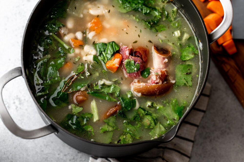 Ham Hock & White Bean Stew with Collard Greens calphalon