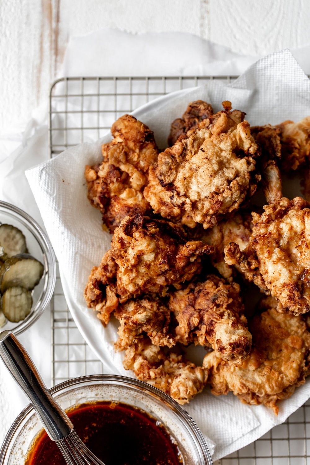 fried chicken on cooling rack 