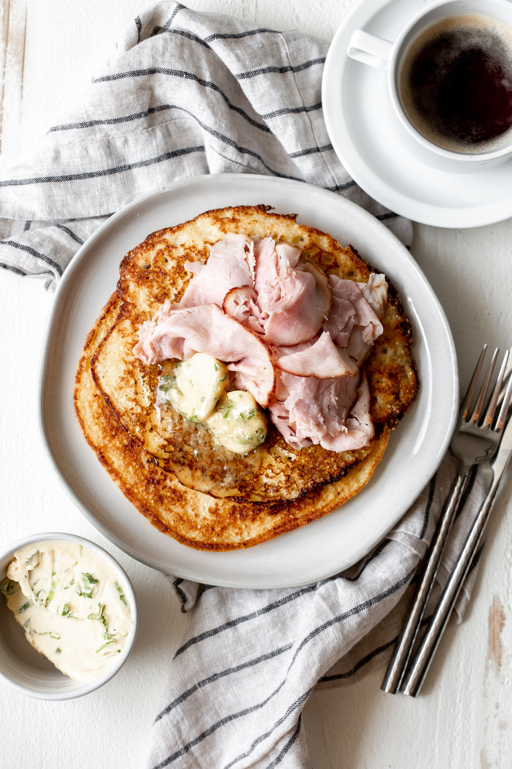 Johnnycakes with thinly shaved Ham and Scallion-Maple Butter recipe