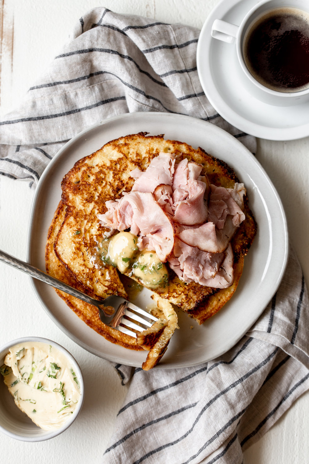 Johnnycakes with Ham and Scallion-Maple Butter recipe from cooking with cocktail rings