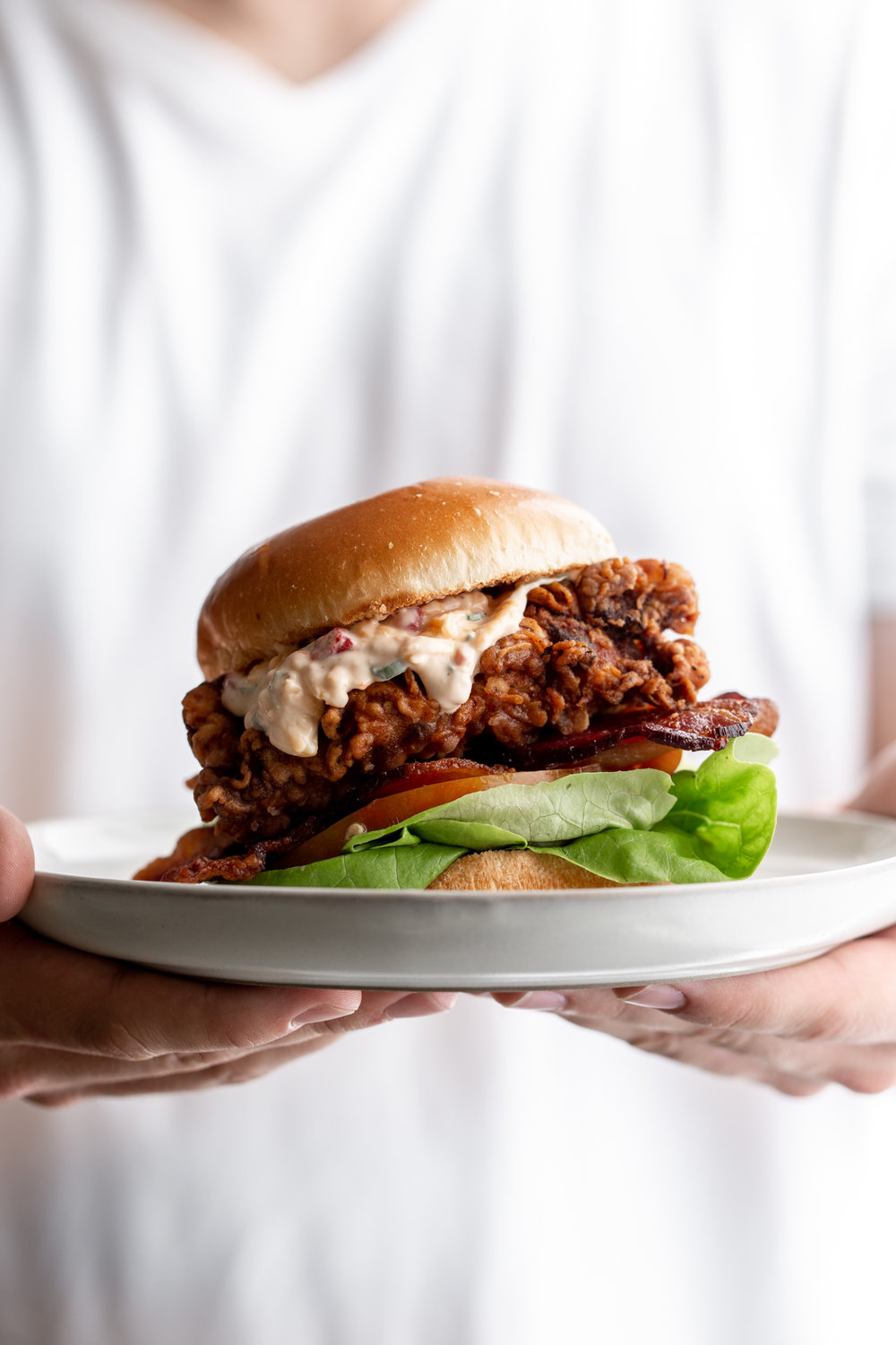 Pimento Cheese Fried Chicken Sandwich Cooking with Cocktail Rings