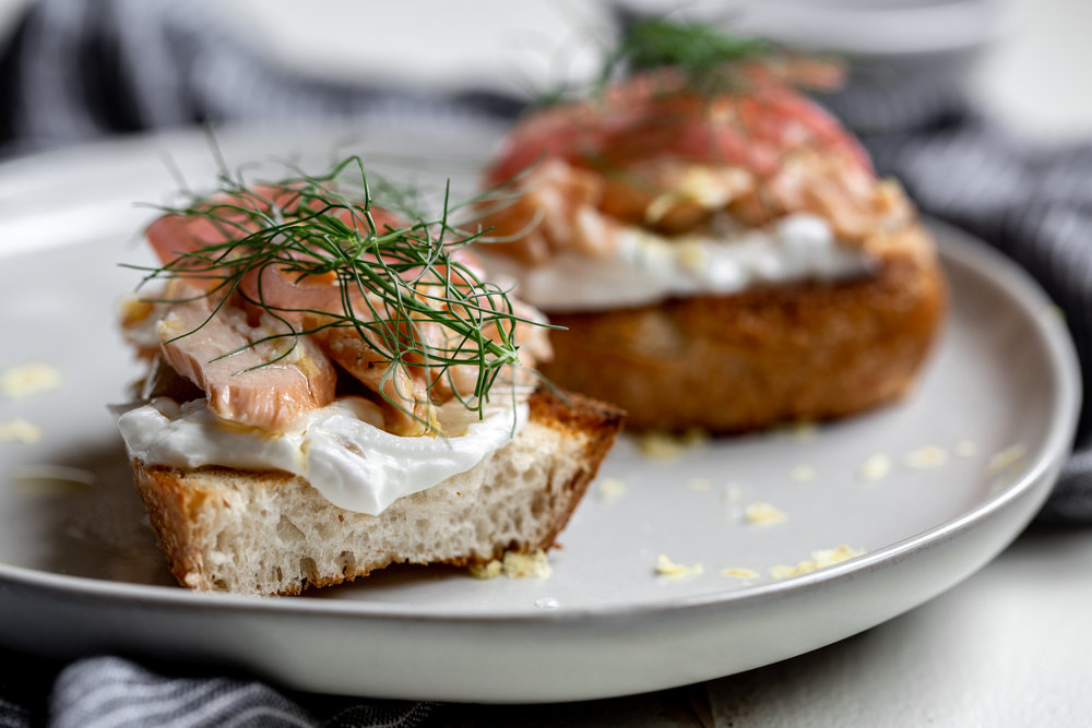 Olive Oil Slow-Poached Salmon with Fennel and yogurt toast