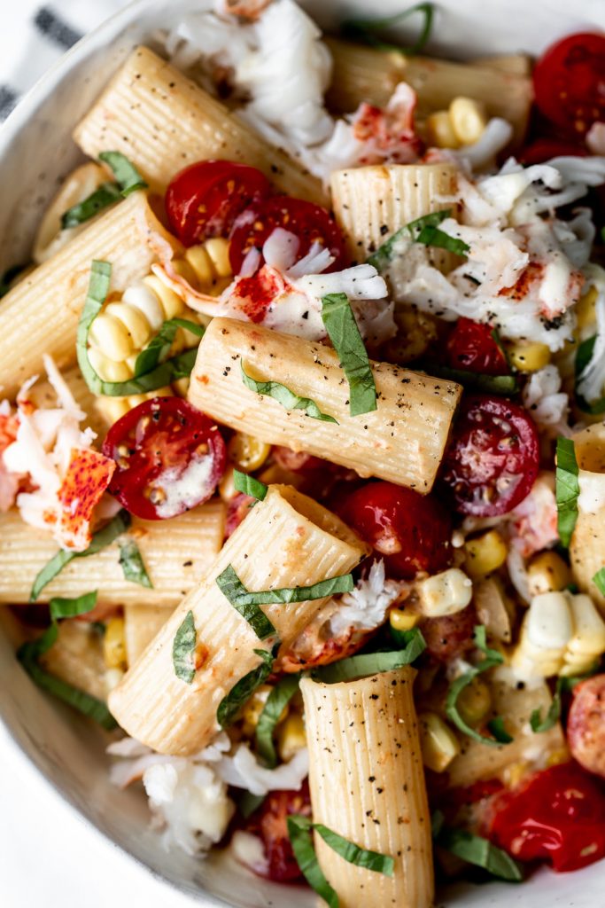 Summer Lobster and Corn Rigatoni with cherry tomatoes