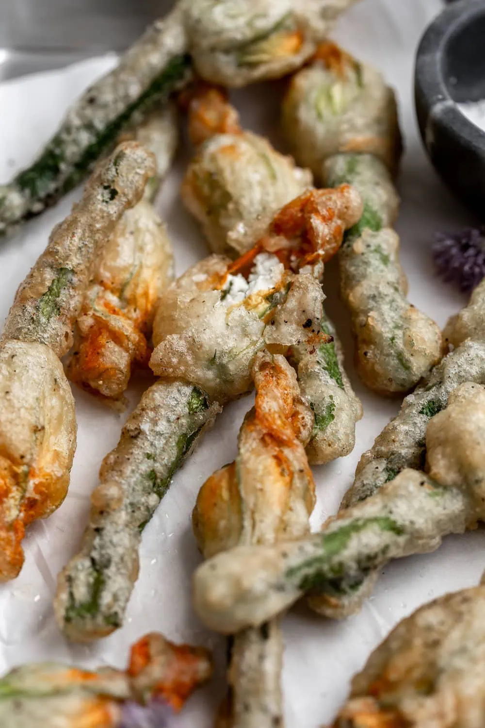 battered fried squash blossoms with baby zucchini filled with ricotta mixture