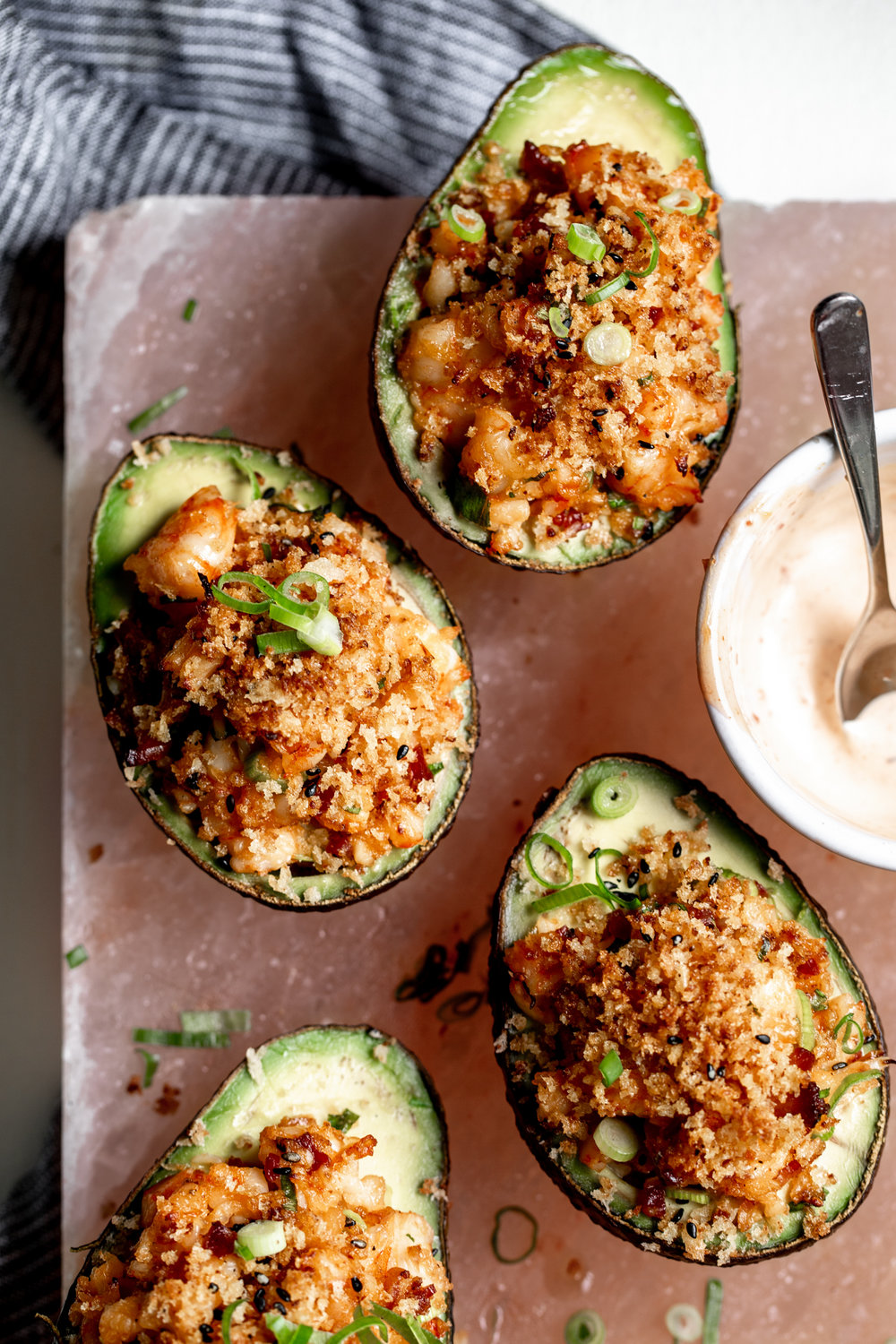 Spicy Shrimp-Salad Stuffed Baked Avocados recipe from cooking with cocktail rings