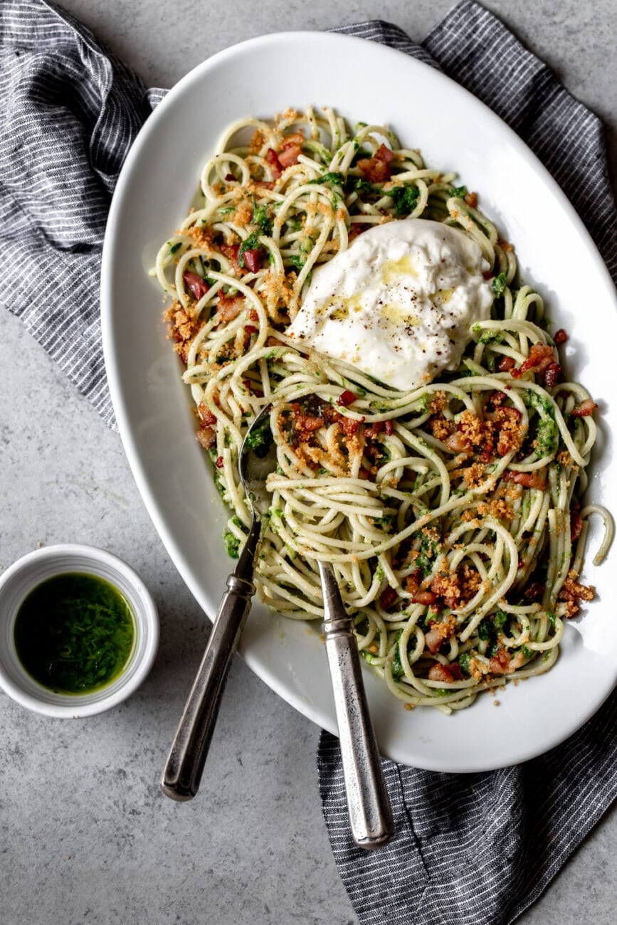 Ramp Pesto Spaghetti with Burrata, pancetta and breadcrumbs recipe.