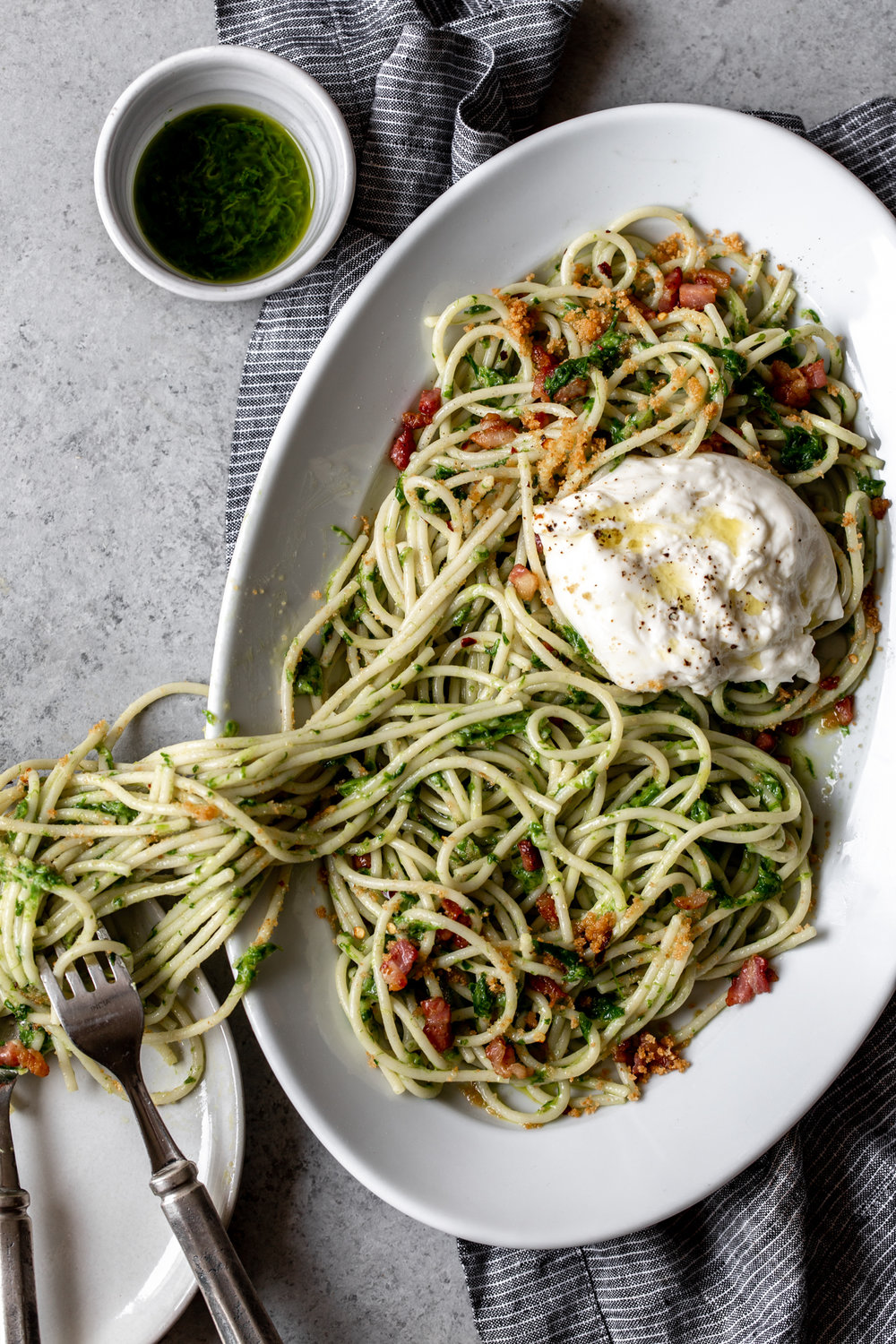 Ramp Pesto Spaghetti with Burrata, pancetta and breadcrumbs recipe