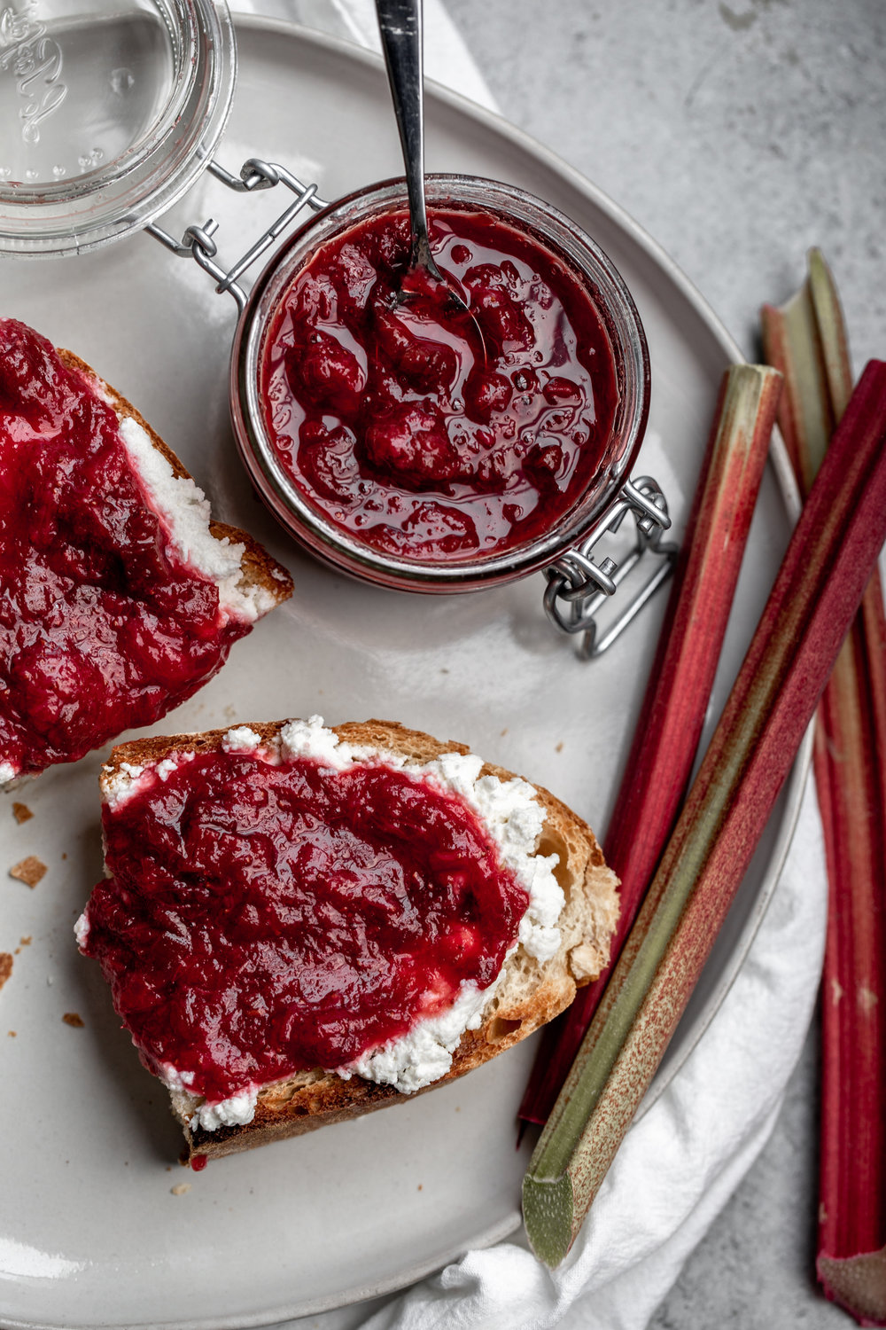 strawberry rhubarb jam and ricotta toast cooking with cocktail rings