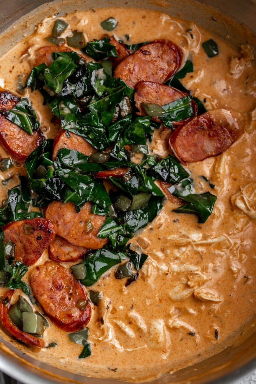 Creamy Cajun Pasta with Chicken and Andouille Sausage recipe from cooking with cocktail rings sauce.