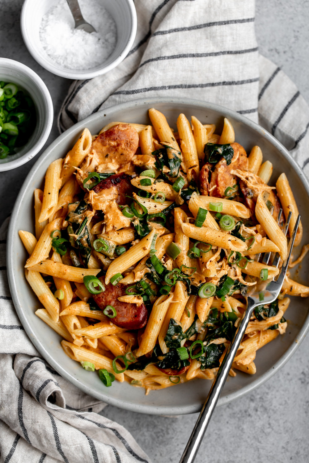 Creamy Cajun Pasta with Chicken and Andouille Sausage in pasta bowl