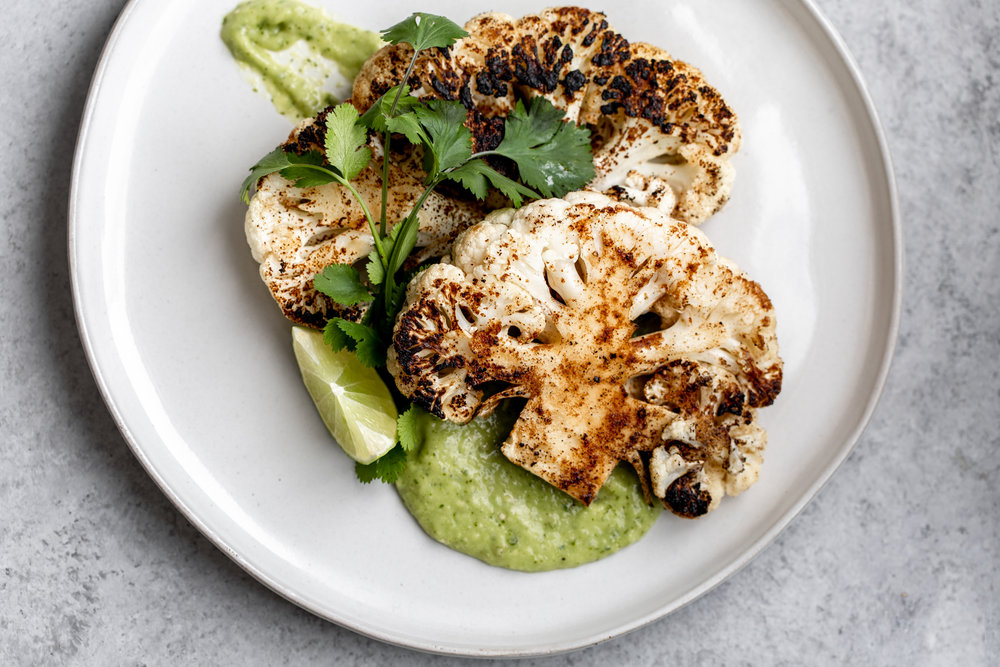 Cauliflower “Steaks” with Avocado-Tomatillo Salsa recipe from cooking with cocktail rings