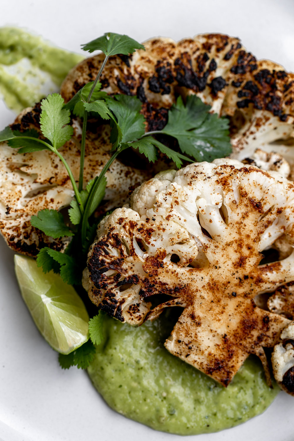 charred Cauliflower “Steaks” with Avocado-Tomatillo Salsa recipe