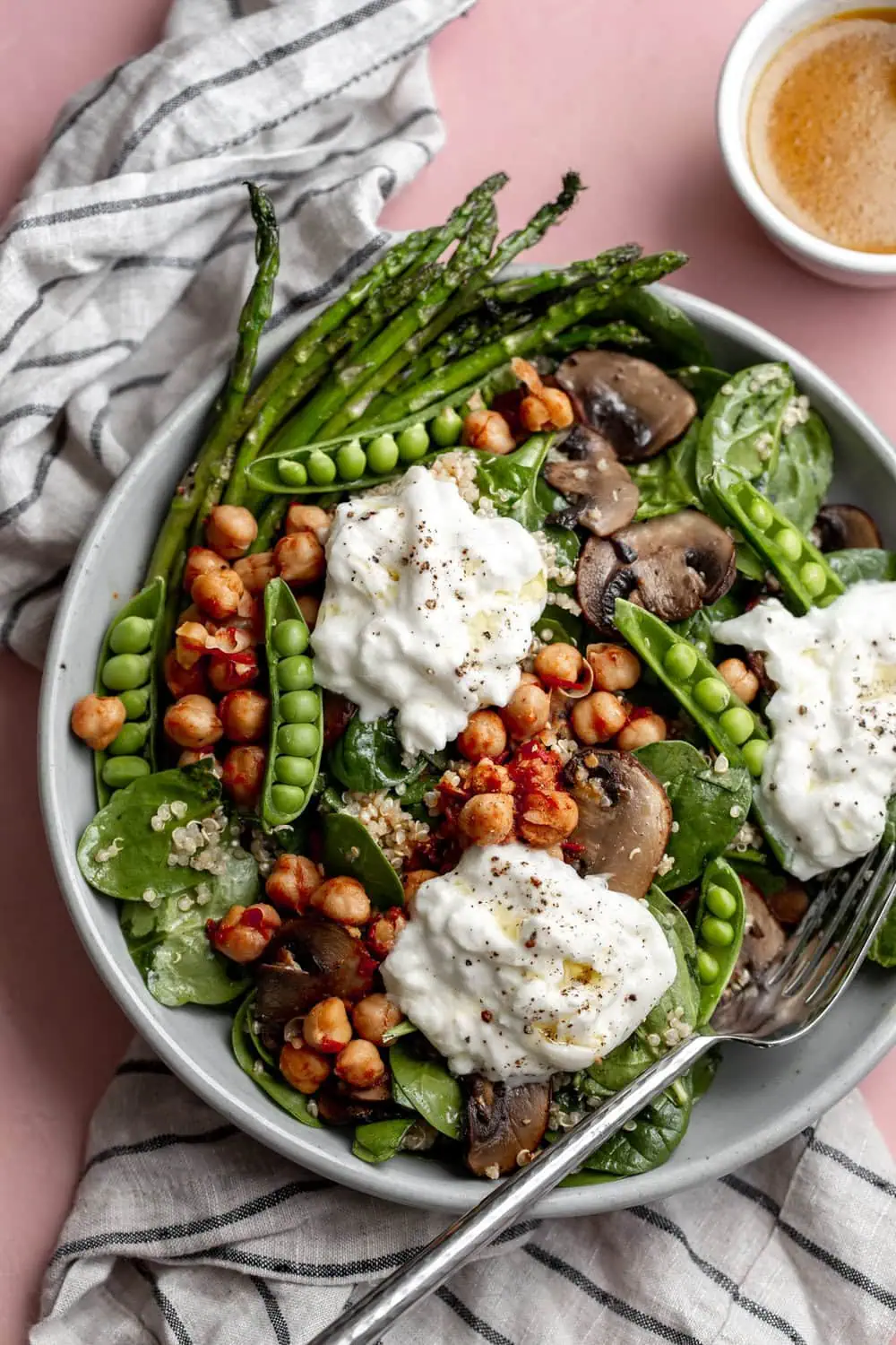 Spring Veggie Quinoa Bowl with Burrata recipe with sautéed mushrooms peas and chickpeas