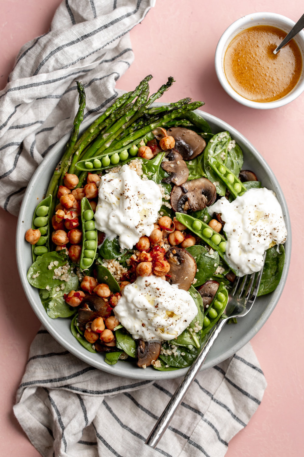 Spring Veggie Quinoa Bowl with Burrata recipe from cooking with cocktail rings