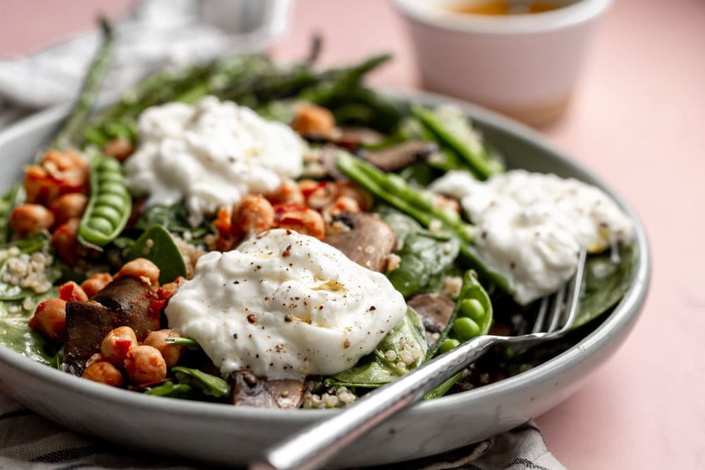 Spring Veggie Quinoa Bowl with Burrata recipe from cooking with cocktail rings grain bowl
