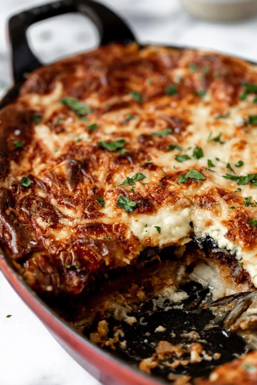 Greek Moussaka  recipe with slice cut out closeup