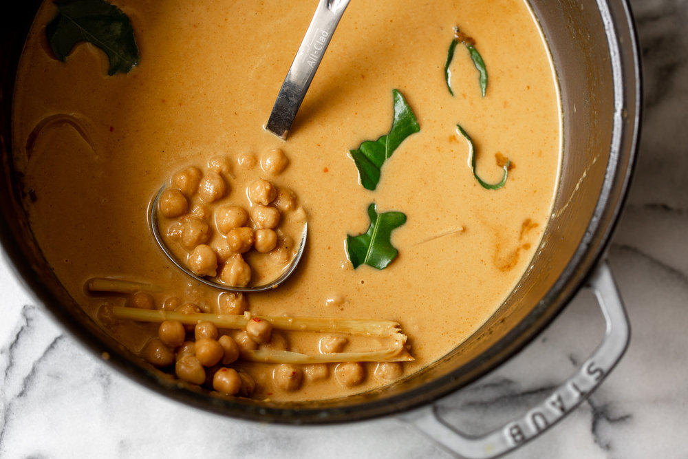 Chickpea Coconut Curry simmered in dutch oven pot